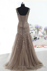 Mermaid Lace Up Brown Tulle Modest Beading V Neck Semi Formal Prom Dresses